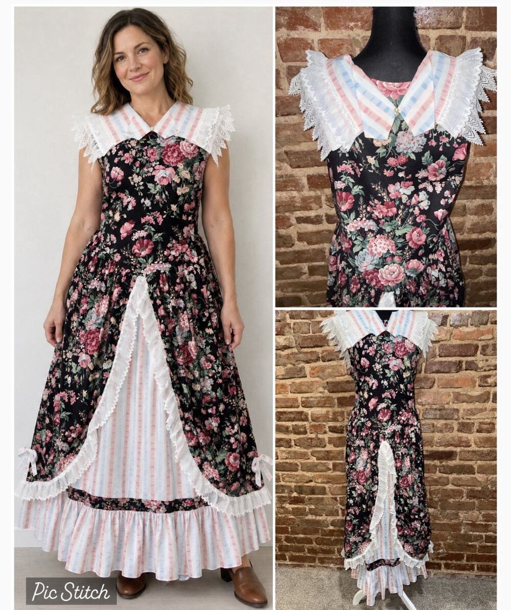 Unique Handmade 3 Pcs Prairie Cottagecore Set Floral Overlay w/ Skirt & Collar M